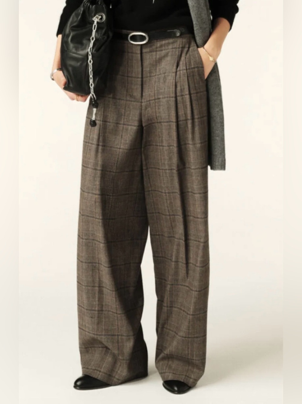 ba&sh Cadwin High Rise Plaid Pleated Wide Leg Pants Marron 34 / US 2